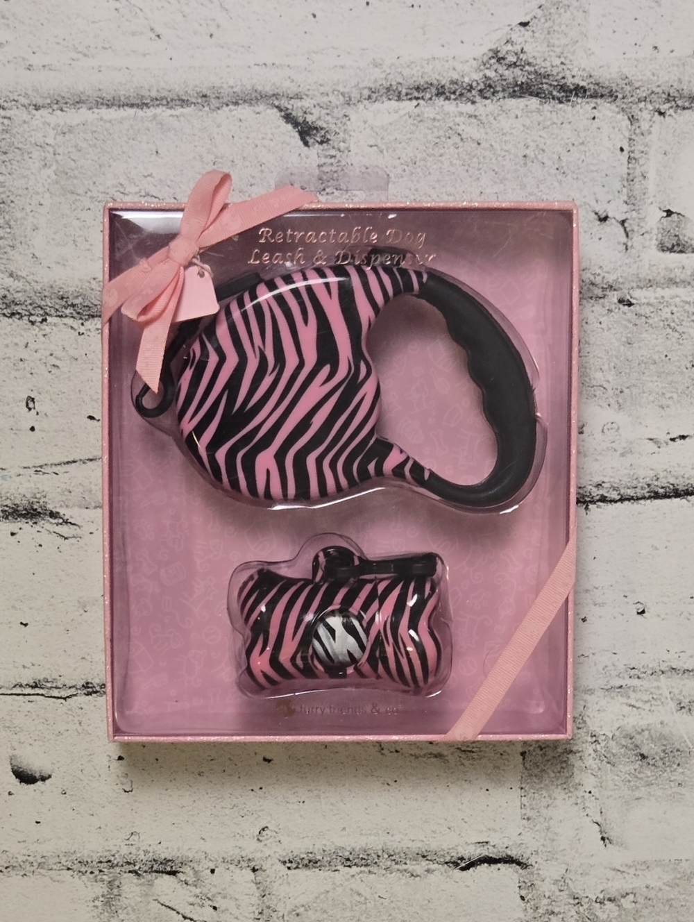 Pink Zebra Retractable Dog Leash And Waste Bag Dispenser Set